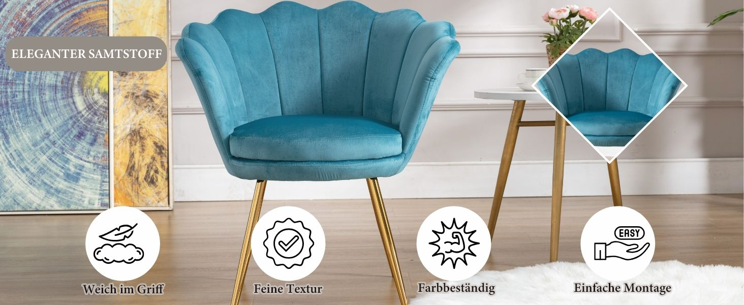 Der Text lautet „HOCHWERTIGE MATERIALIEN“ (oben links), „PFLEGELEICHT“ und „ROBUST“ (untere Symbole). Sessel aus blaugrünem Samt mit Holzbeinen, die aus zwei Blickwinkeln dargestellt sind.