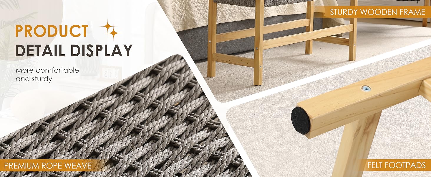 Text reads "PRODUCT DETAIL DISPLAY", "More comfortable and sturdy", "PREMIUM WOVEN RATTAN", "FELT FOOTPADS". Shows rattan furniture frame, woven rope texture detail, and cylindrical felt footpad with product specifications.