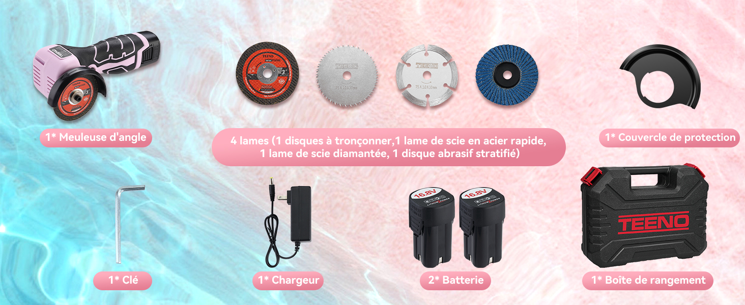 Collection d'accessoires de produits comprenant des outils, des connecteurs, des attaches, des câbles, une mallette de transport et divers petits composants affichés sur un fond bleu-rose dégradé.
