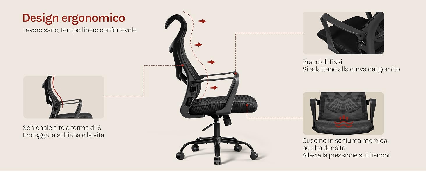 Il testo recita «Design ergonomico». Diagrammi multipli che mostrano le caratteristiche e le regolazioni della sedia da ufficio, con enfasi sugli elementi di design ergonomici.