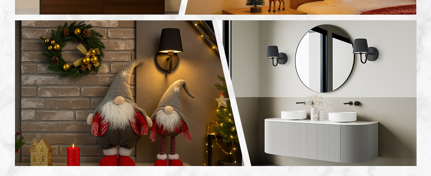 Dekorative Innenszene mit saisonalen Weihnachtsdekorationen wie Gnomenfiguren und festlichen Arrangements auf Möbeloberflächen.
