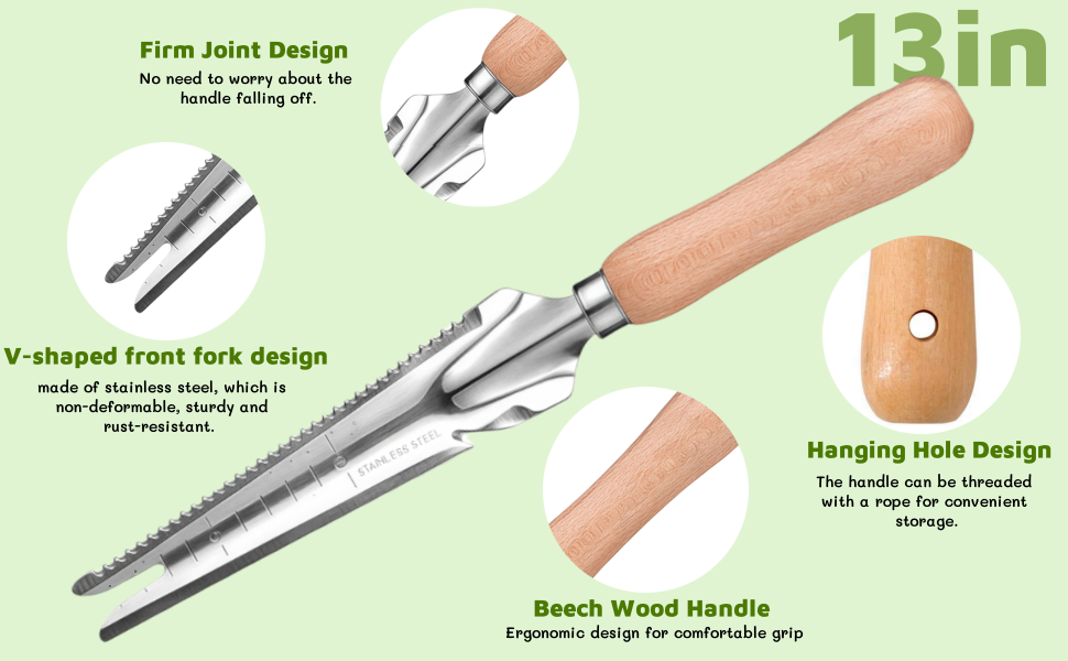 13-inch garden tool with beech wood handle and stainless steel V-shaped fork. Features firm joint design, hanging hole, and ergonomic grip for comfortable use.