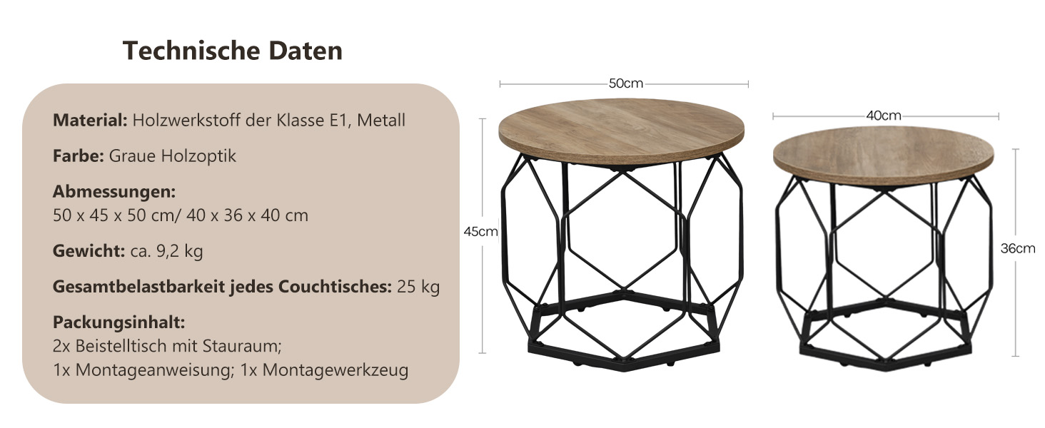 Produktspezifikationsdiagramm mit zwei identischen runden Tischen mit Metallrahmen, einschließlich technischer Daten und Abmessungen in deutschem Text.
