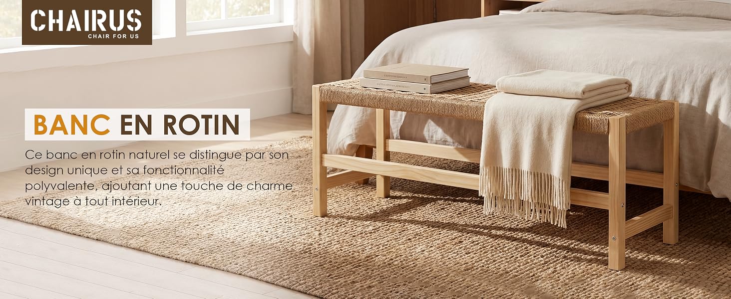 Le texte se lit comme suit : « CHAIRUS » et « BANC EN ROTIN ». Fauteuils en bois de rotin exposés dans un décor de salon avec tapis beige.