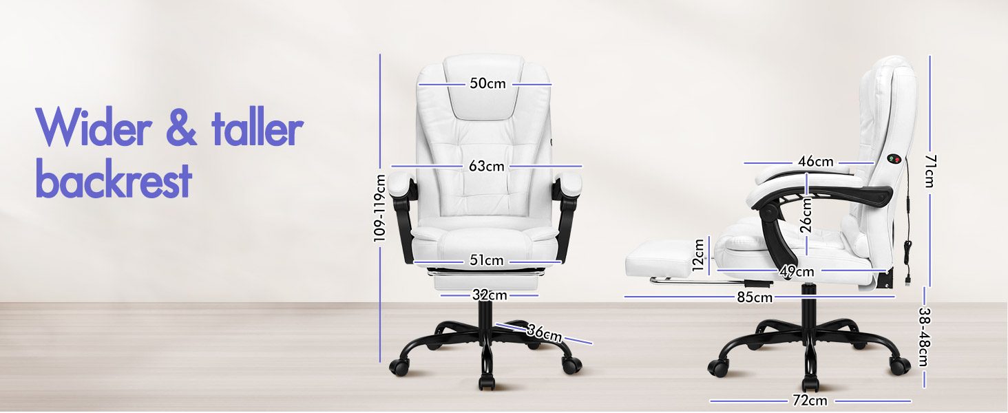 Text reads 'Wider &amp; taller backrest'. Two office chairs shown side-by-side with dimension lines indicating backrest height and width comparisons on white background.