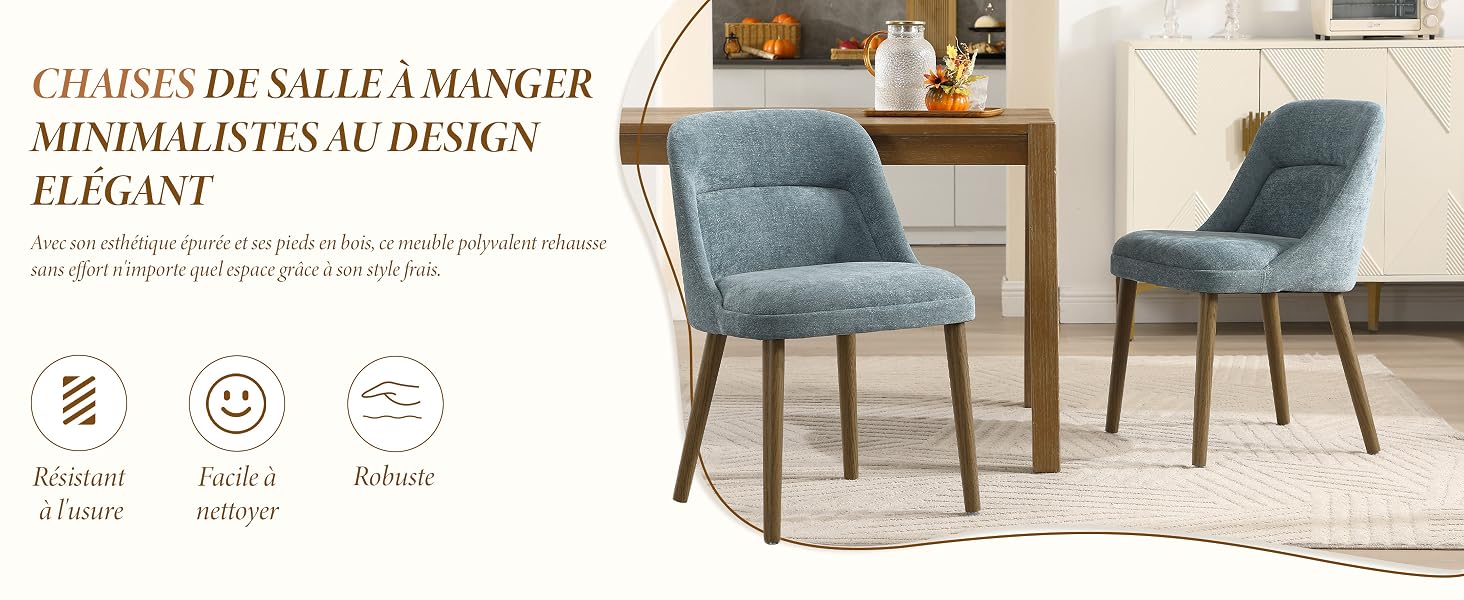 Le texte se lit comme suit : « CHAISES DE SALLE A MANGER », « MINIMALISTES AU DESIGN ÉLÉGANT ». Chaises de salle à manger modernes en tissu gris présentées sous plusieurs angles.