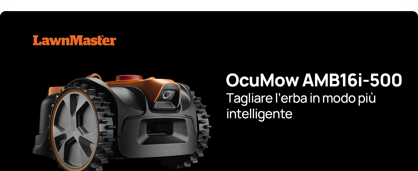 Il testo dice «LawnMaster OcuMow AMBI61-500». Immagine di marketing che mostra un robot rasaerba su sfondo scuro.