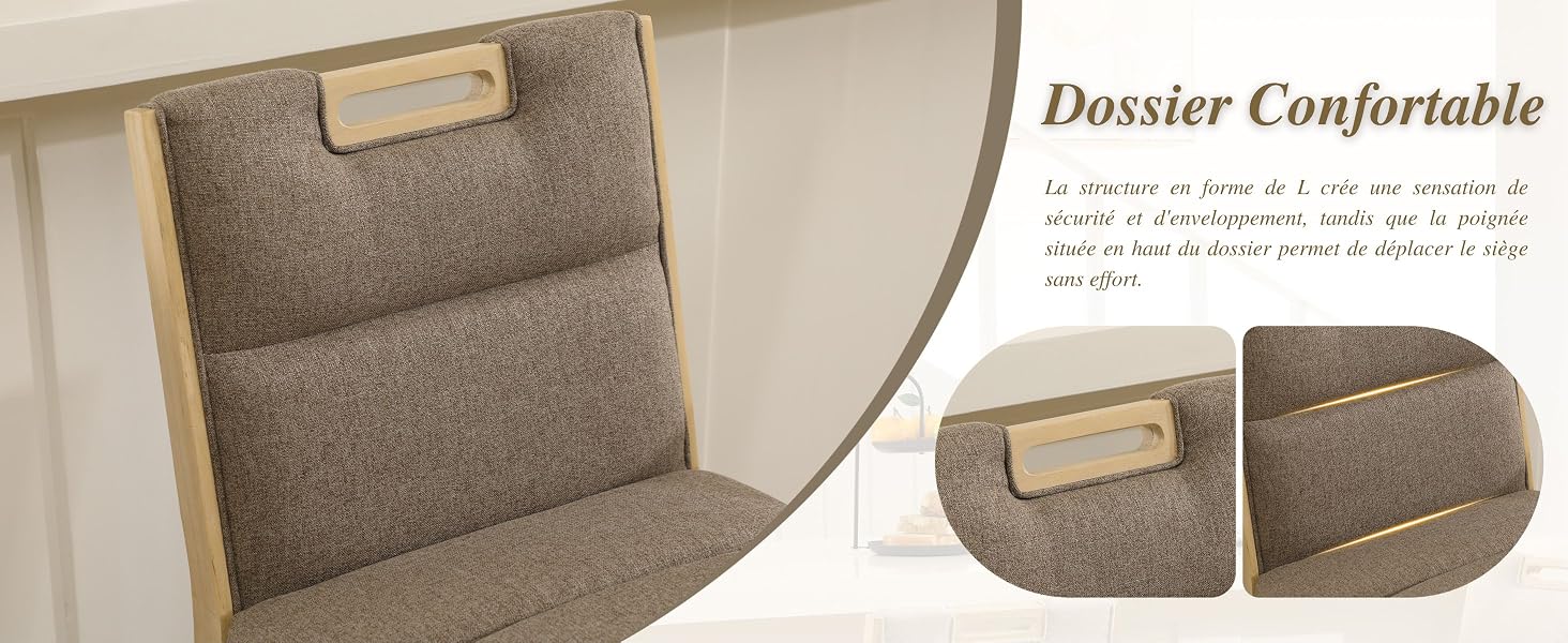 Le texte indique « Dossier Comfortable ». Carrousel de produits présentant une pochette pour ordinateur portable ou un porte-documents en feutre gris avec des détails décoratifs en bois, présenté sous plusieurs angles avec des vues intérieures et extérieures.