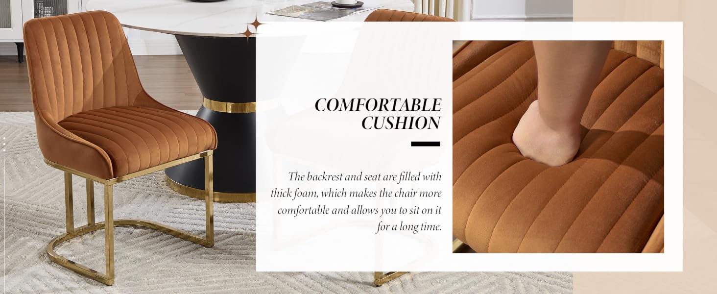 Text reads 'COMFORTABLE CUSHION'. Interior scenes showing brown furniture and cushioned seating arrangements.