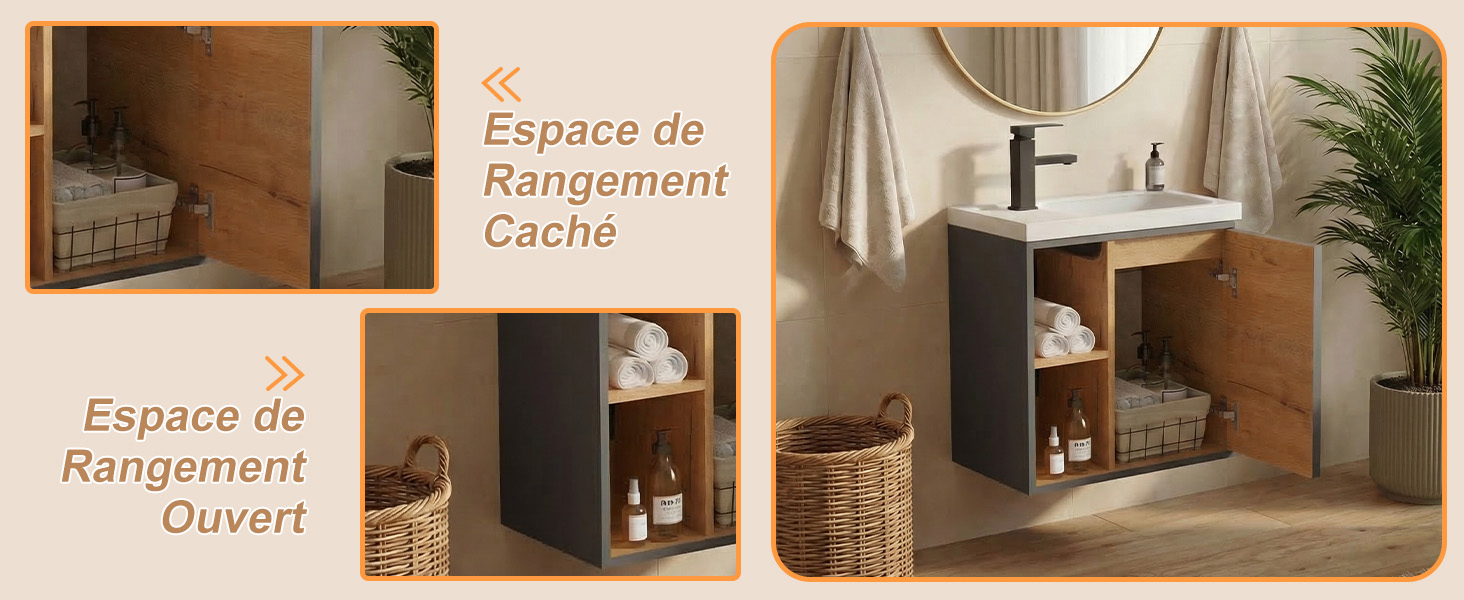 Le texte indique « Espace de rangement cache » et « Espace de rangement ouvert ». Étagère en bois avec compartiments ouverts et panier de rangement, présentée sous plusieurs angles de vision.