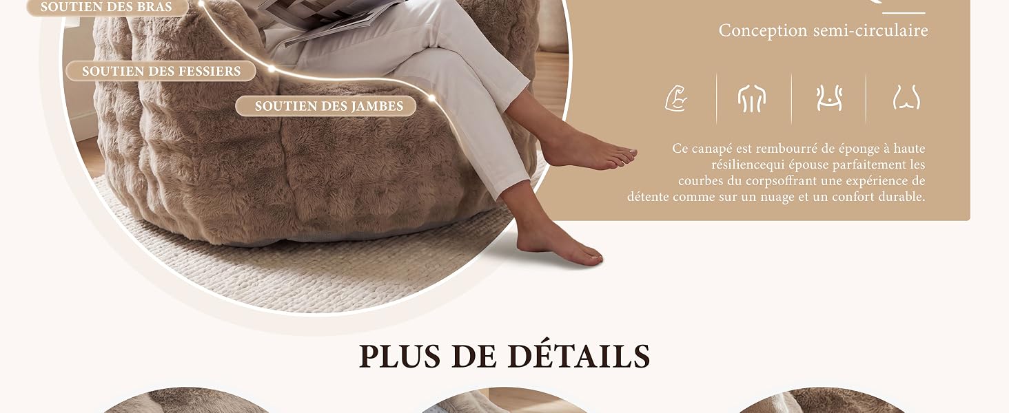 Le texte indique « PLUS DE DÉTAILS ». Sac à bandoulière ou à bandoulière matelassé marron avec bretelles incurvées vues de dessus. Le panneau d'information affiche les détails de l'entretien et du produit dans des tons beiges discrets.