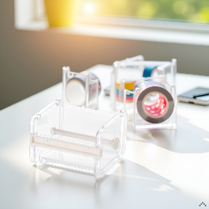 Clear acrylic desk organizer or storage unit with multiple compartments, photographed in natural lighting near a window, with some small office supplies visible.