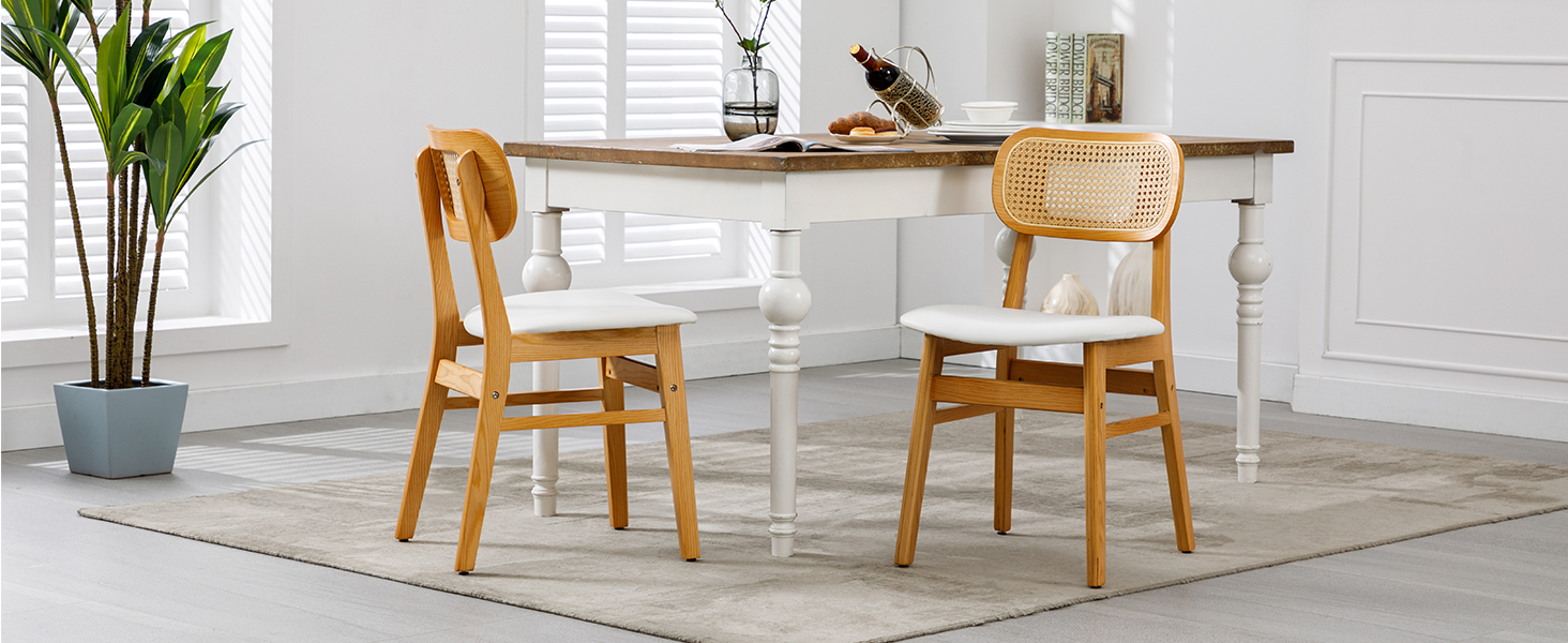 Modern dining room furniture set featuring wooden chairs and tables in various arrangements, with plants visible in background.