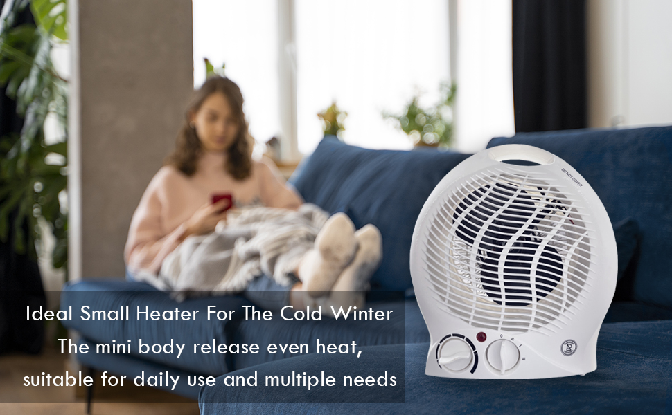 Compact white electric heater with round design, featuring adjustable controls. Text indicates it's ideal for cold winters, daily use, and multiple needs.