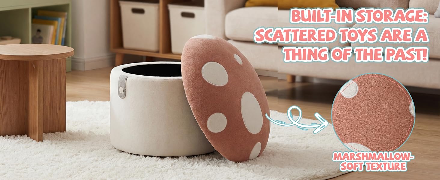 Text reads 'BUILT TO STORAGE', 'CRAFTED FOR DAYS AFTER THING OF THE PAST.' Interior home scene with pink polka-dot storage basket and white cylindrical container demonstrating organization solution.