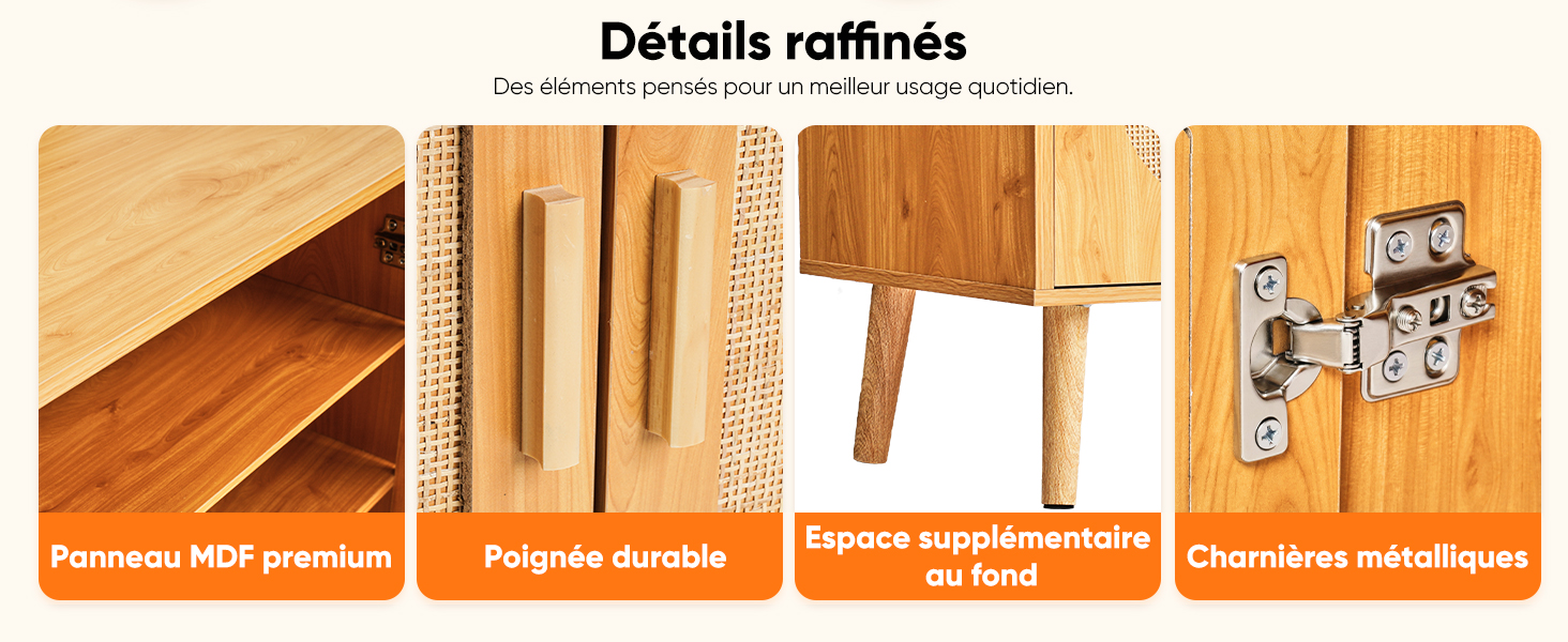 Série d'icônes de fonctionnalités de service avec du texte en français indiquant les options de paiement, les détails d'expédition et les informations relatives au support client sur fond orange et blanc.
