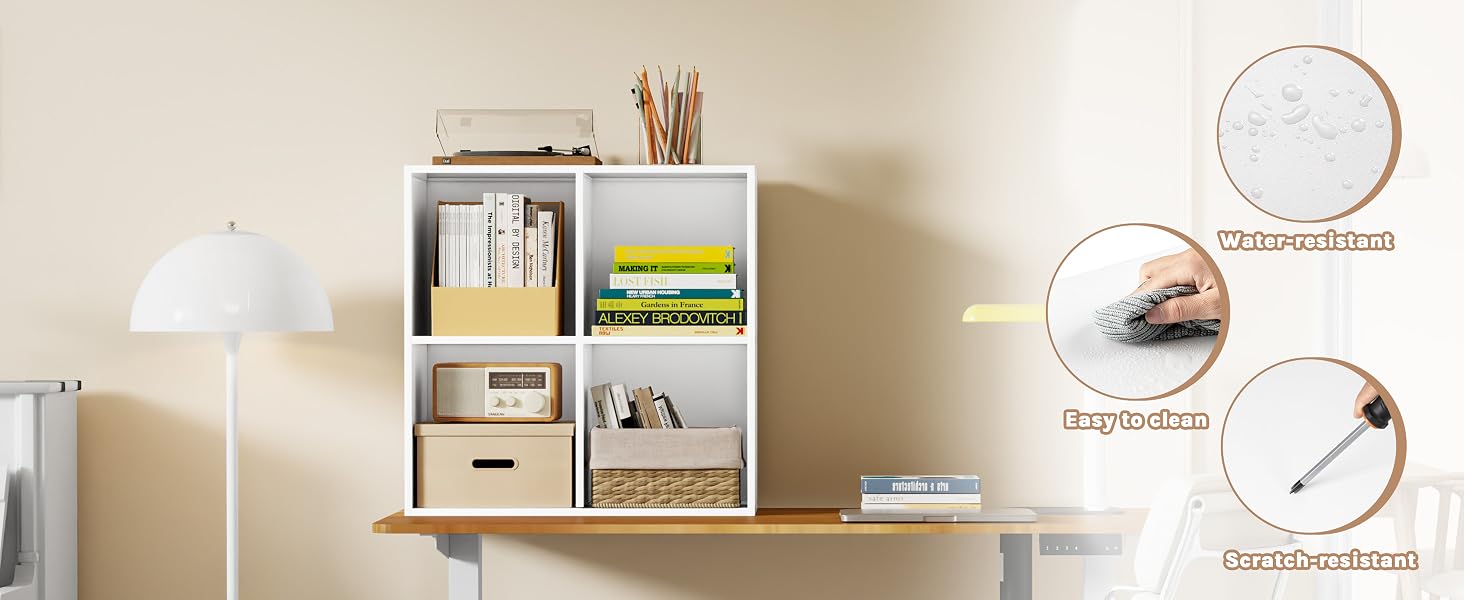 White bookshelf on desk with books, storage boxes, and office supplies. Lamp nearby. Inset images show cotton swabs, cotton pads, and wooden stick.