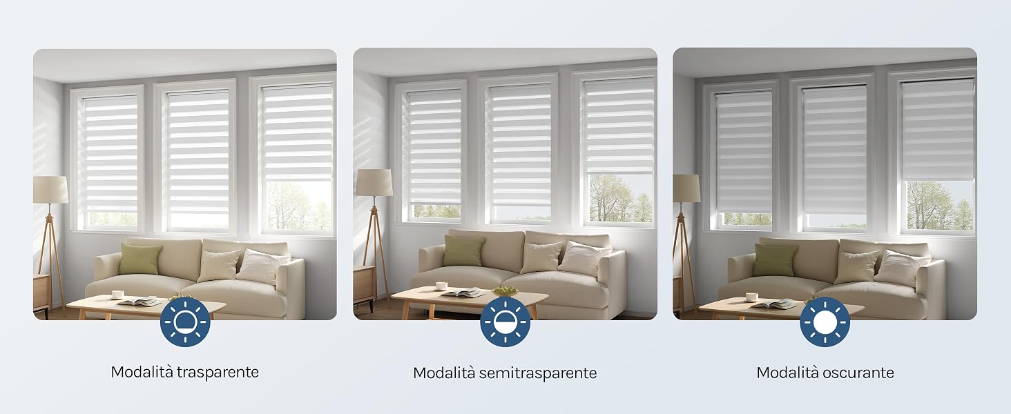 Tre varianti di trattamento delle finestre mostrate fianco a fianco: persiane, tenda avvolgibile e tenda cellulare. Ognuna mostra la stessa scena interna con opzioni di ombreggiatura di colore beige/crema che aumentano i livelli di opacità.