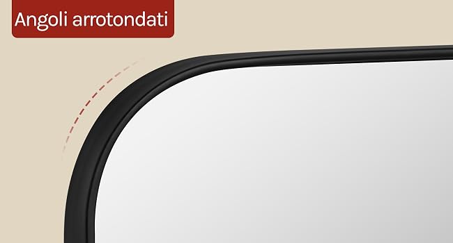 Il testo dice 'Angoli arrotondati'. Primo piano che mostra un bordo curvo nero con dettagli degli angoli arrotondati su sfondo beige.