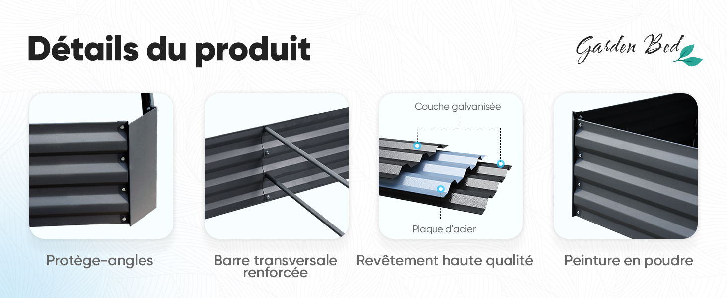 Le texte se lit comme suit : « Détails du produit ». Schéma d'assemblage du produit montrant plusieurs angles et composants de ce qui semble être du mobilier ou des pièces d'installation.