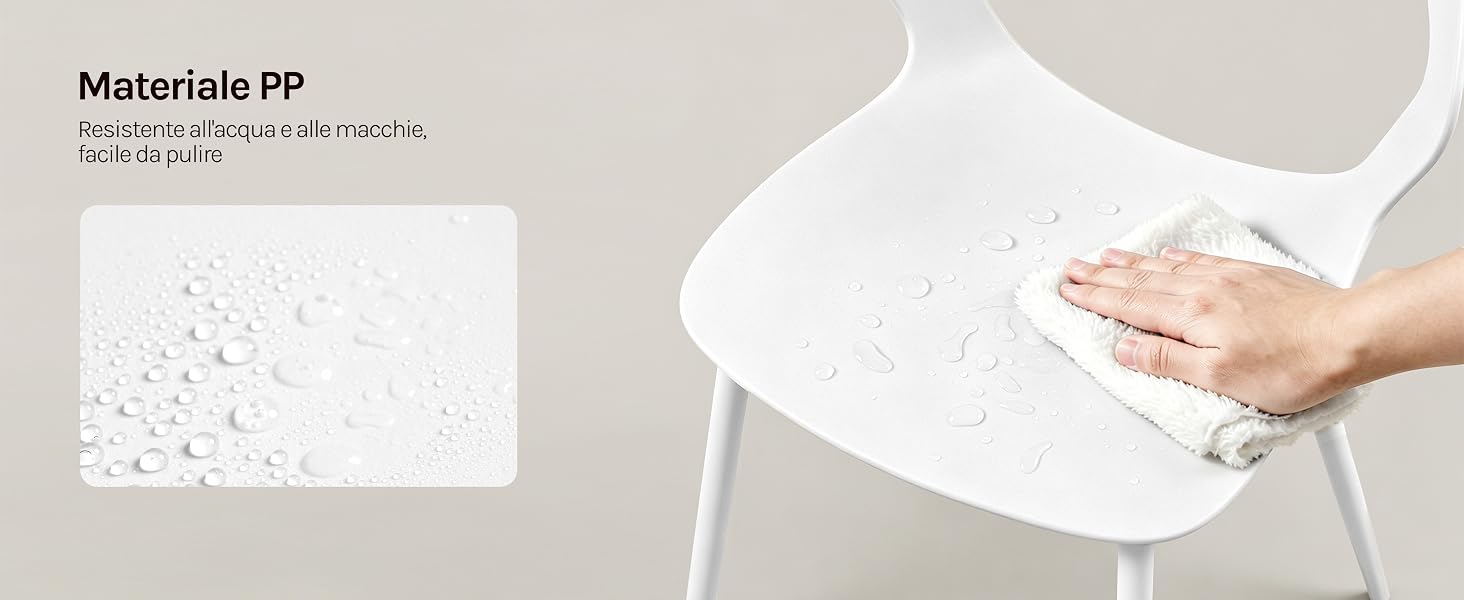 Il testo recita «Materiale PP». Seduta bianca con un campione di texture in materiale PP visibile sulla sinistra. Superficie curva bianca pulita a mano che dimostra le proprietà del materiale.