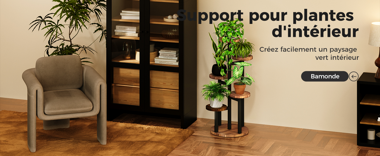 Le texte se lit comme suit : « Support pour plantes d'intérieur ». Support pour plantes d'intérieur à plusieurs niveaux illustré à la maison avec des plantes en pot.