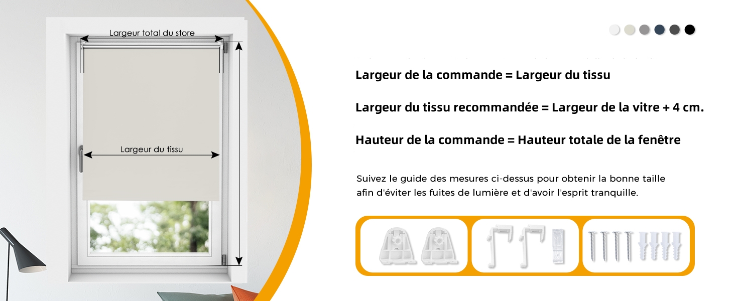 Schéma technique montrant les dimensions des fenêtres et les spécifications d'installation en plusieurs langues, y compris les textes français « Largeur de la commande » et « Hauteur totale de la fenêtre ».