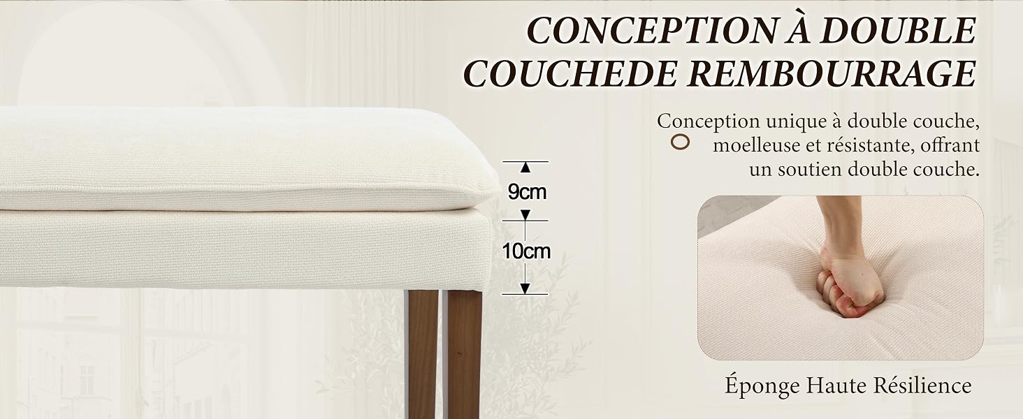Le texte se lit comme suit : « CONCEPTION À DOUBLE COUCHEDE REMBOURRAGE ». Schéma montrant la conception du rembourrage à double couche avec les mesures et les spécifications en français.
