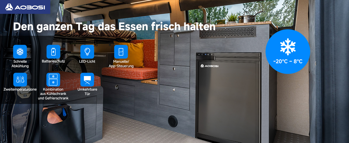 Kompakter Kühlschrank in einer Außenküche. Zu den Merkmalen gehören ein Fassungsvermögen von 32 l, ein umweltfreundlicher Betrieb und ein Temperaturbereich von 0—10 °C. Geeignet für verschiedene Getränke