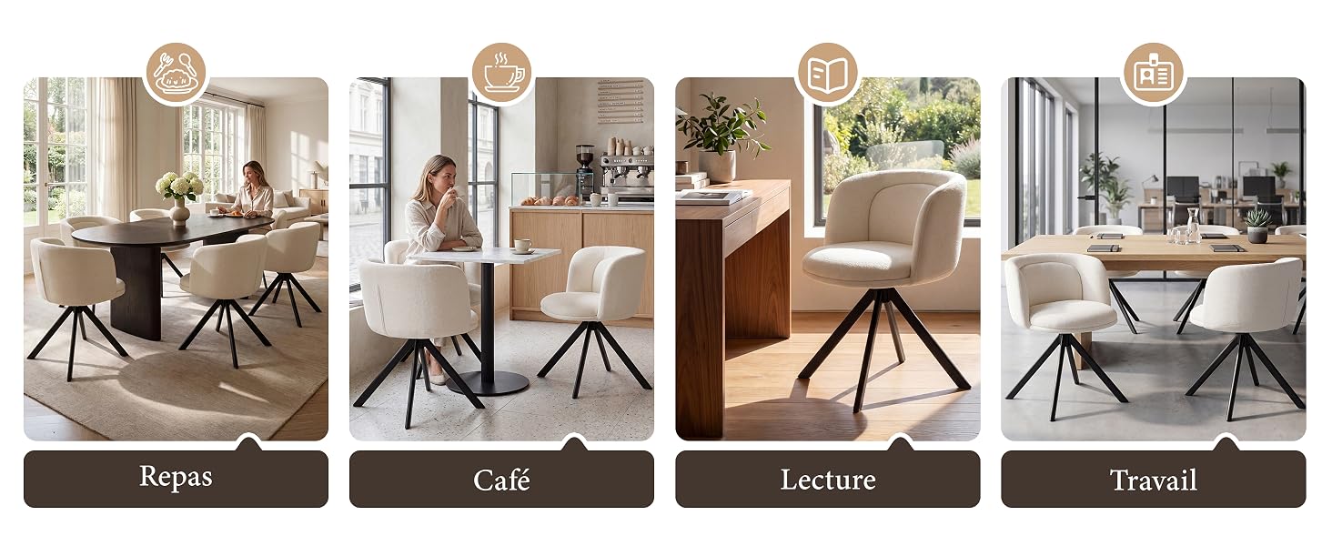 Le texte indique « Rappa », « Café », « Lection », « Voyage ». Quatre variantes de style de chaise de salle à manger présentées dans des intérieurs de maison présentant différents modèles dans des tons bruns, gris et neutres.