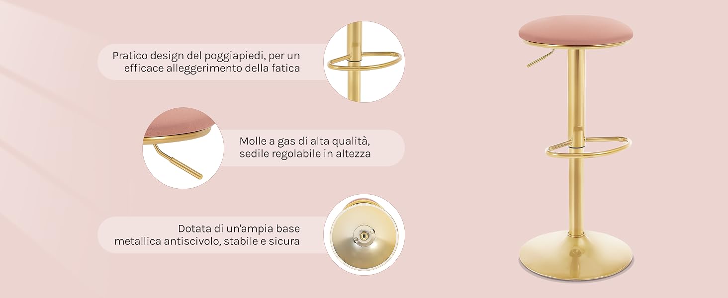 Sgabello da bar regolabile color oro con seduta circolare imbottita rosa. Le caratteristiche includono un anello poggiapiedi, una finitura metallica liscia e una base rotonda stabile