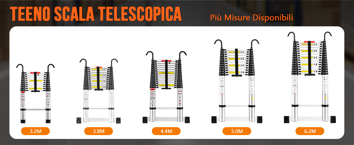 Texto: «TEENO SCALA TELESCOPICA», «Más medidas disponibles». Diagrama técnico que muestra las especificaciones de una escalera telescópica con múltiples posiciones de extensión ilustradas.