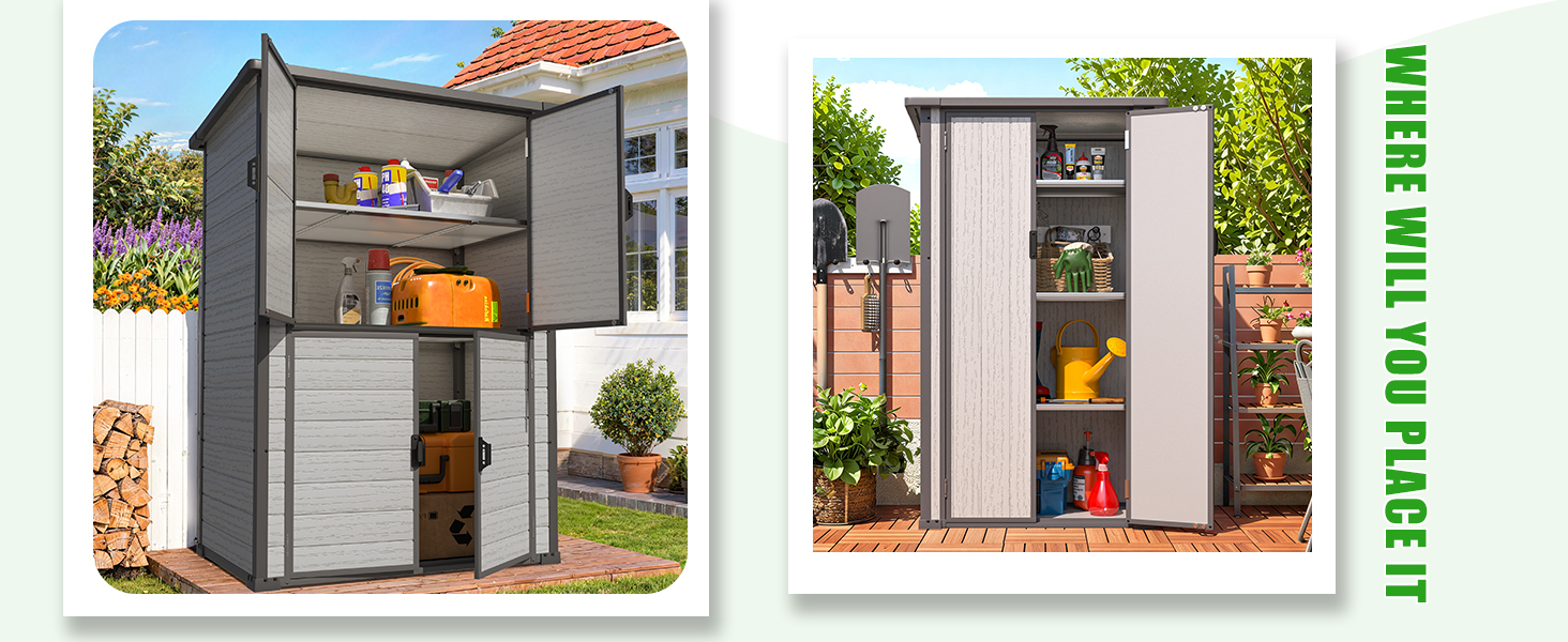 Multiple views of modern outdoor storage shed or garden house with glass panels and metal frame, shown in backyard settings from different angles.