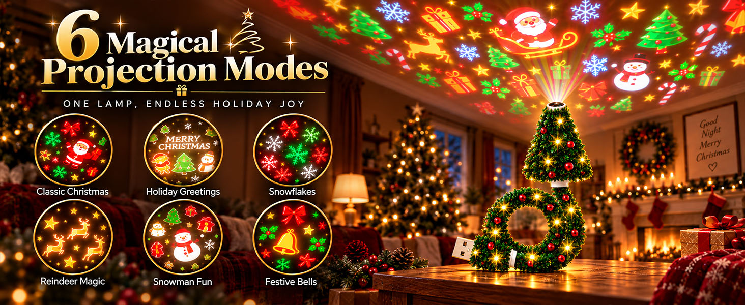 El texto dice «6 modos de proyección mágicos». Interior festivo con árboles de Navidad iluminados, adornos y una pantalla de iluminación ambiental cálida.