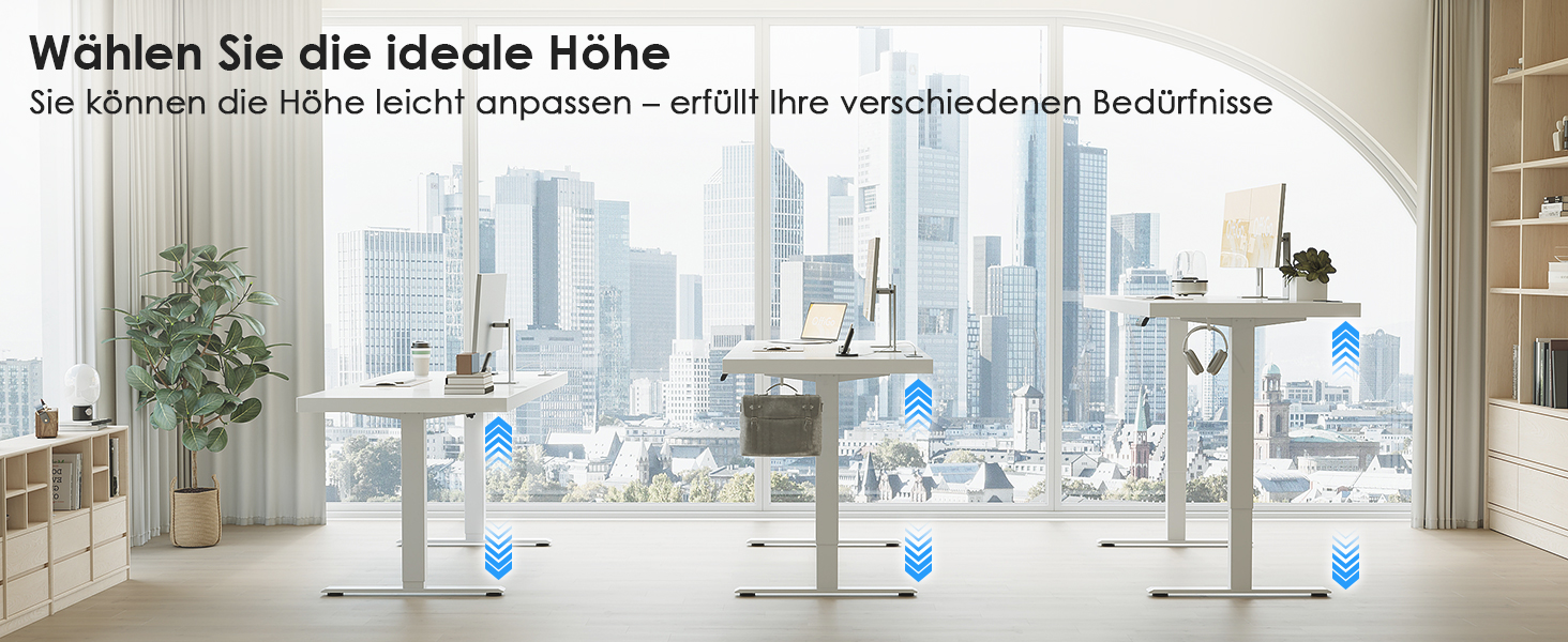Der Text lautet „Wählen Sie die ideale Höhe“. Büroumgebung mit ergonomischen Optionen zur Höhenverstellung des Schreibtisches. Die Skyline der Stadt ist durch Fenster sichtbar.
