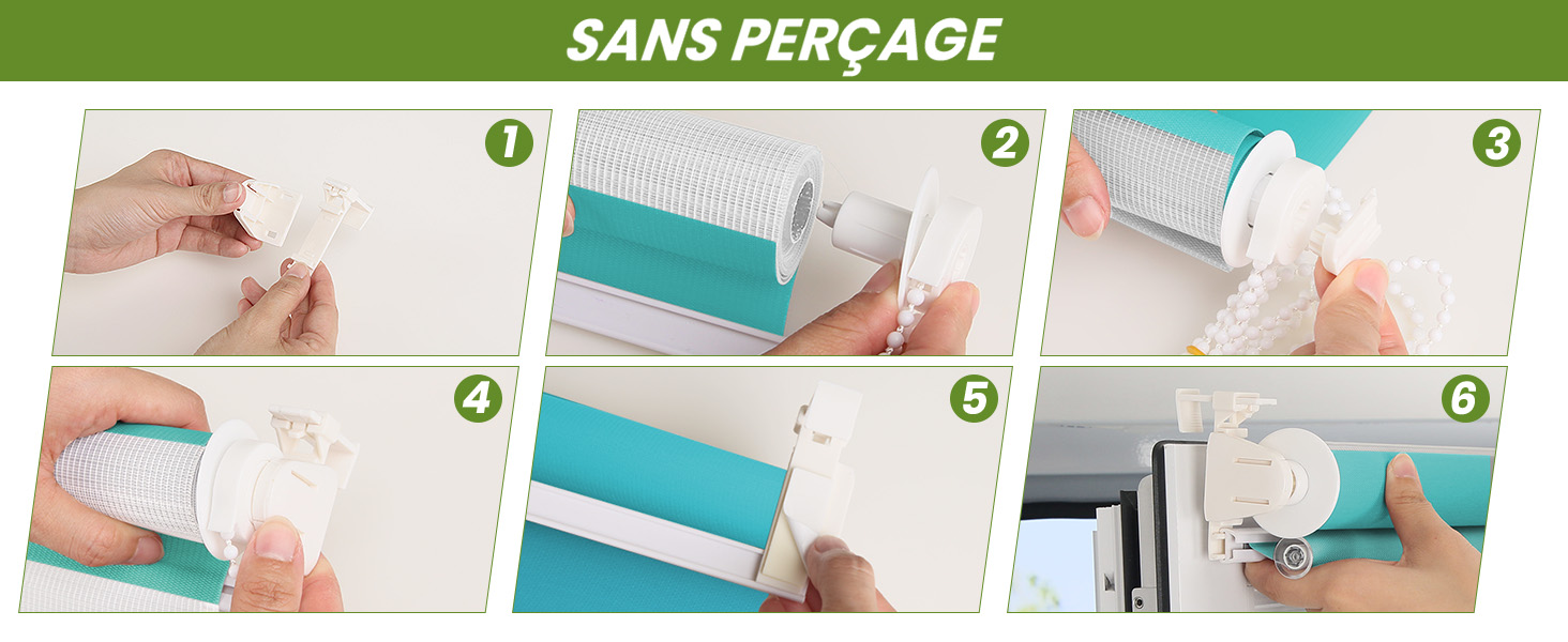 Le texte indique « SANS PERÇAGE ». Panneaux d'instructions étape par étape montrant le processus d'installation d'un système de montage sur des surfaces lisses.