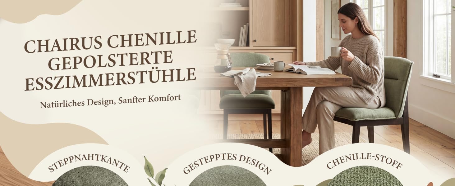 Der Text lautet „CHAIRUS CHENILLE GEPOLSTERT ESSZIMMERSTÜHLE“ und „Kältlicher Design, Sanfter Komfort“. Frau sitzt am Schreibtisch in einem modernen Zimmer mit gepolstertem Esszimmerstuhl aus Chenille-Stoff in neutralem Ton.