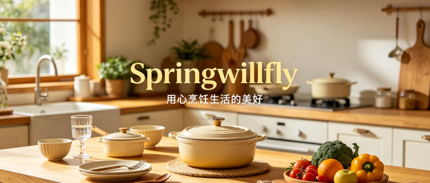 Text reads "Springwillfly" and "居家好物" (Home Essentials). Kitchen scene with cookware, utensils, fresh vegetables on wooden countertop with window and appliances.