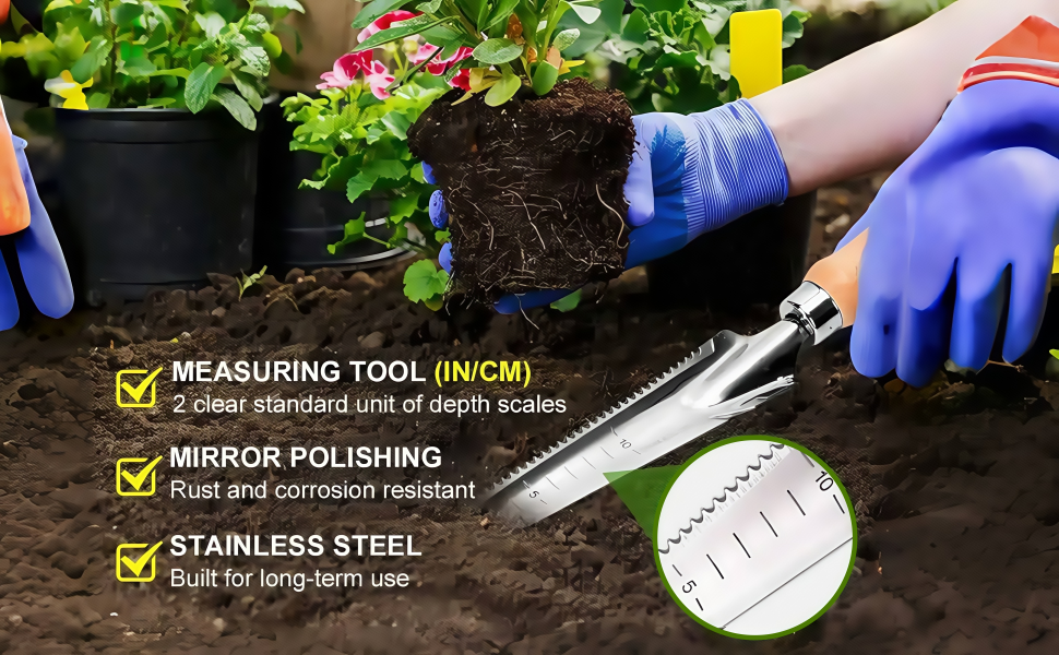 Gardening tool set featuring a trowel with depth measurements, mirror-polished stainless steel construction. Gloved hands shown planting in soil with green foliage visible.
