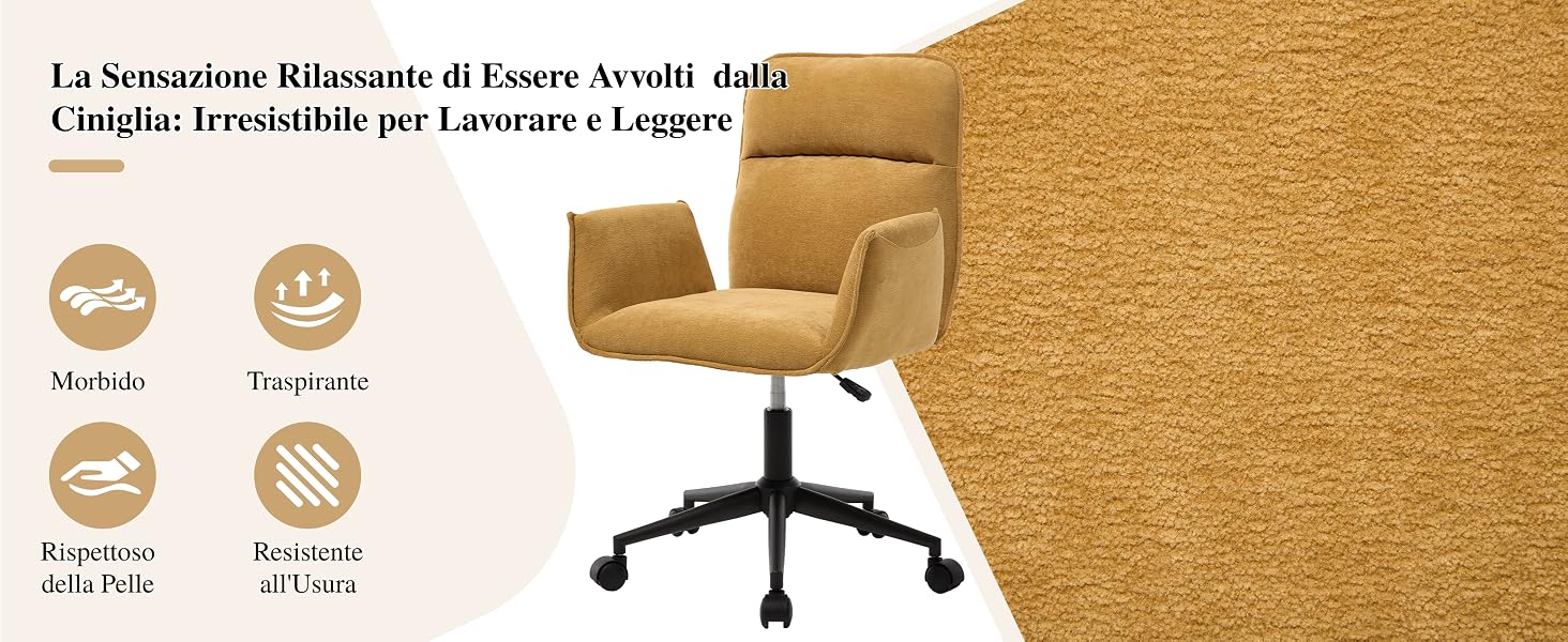 Il testo recita «La Sensazione Rilassante di Essere Accolti dalla Ciniglia». Sedia da ufficio color marrone chiaro dal design ergonomico, con rivestimento in tessuto morbido e impostazioni regolabili.