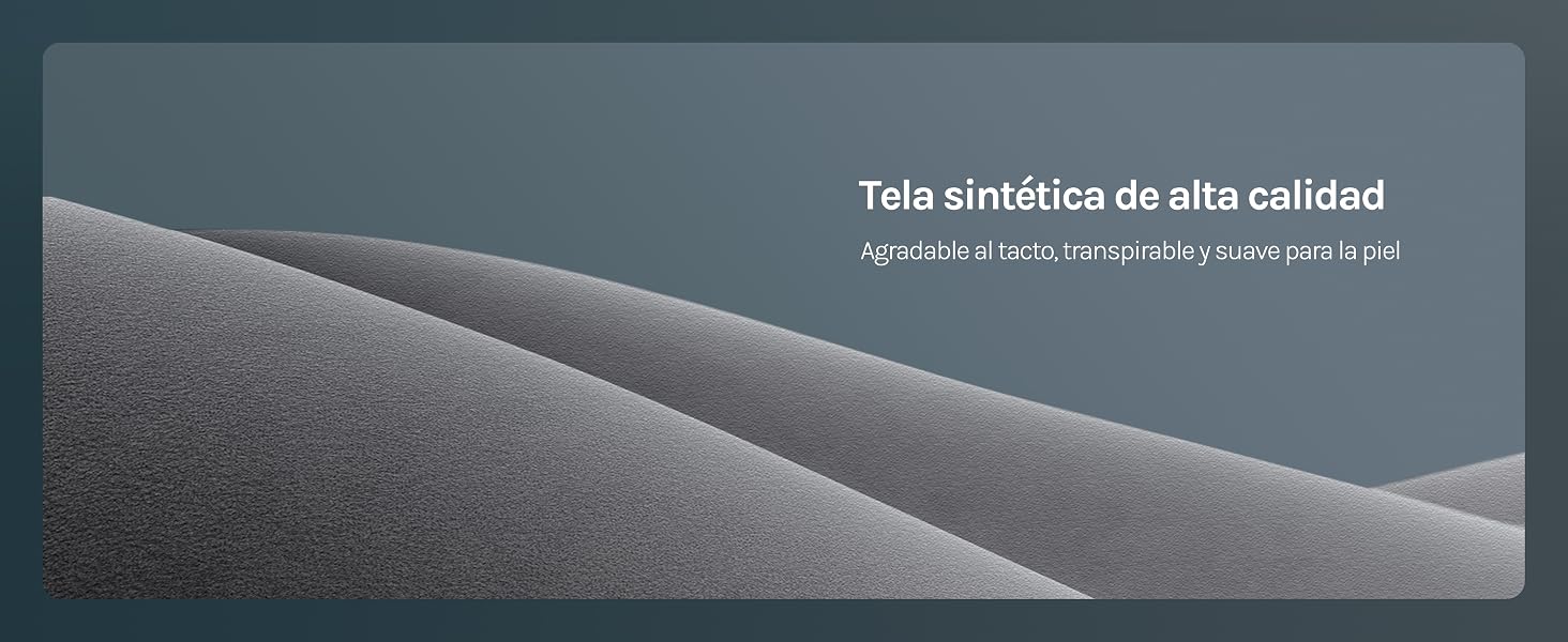 El texto dice «tela crítica es otra calidad» con subtítulos descriptivos. Se muestra el detalle de la superficie de tela con textura gris.