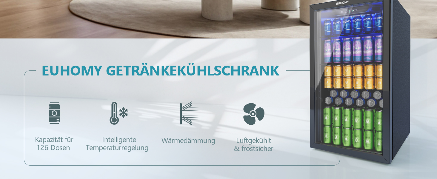 Der Text lautet „LUFOAMY GETRÄNKESCHAUMBANK“. Produktdisplay mit mehreren beleuchteten Dosiereinheiten mit nacheinander angeordneten farbigen Anzeigen.