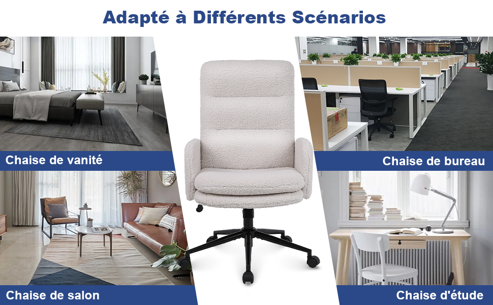 beige clair représentée au centre, entourée de quatre scénarios d'utilisation : salon, vanité, bureau et bureau.