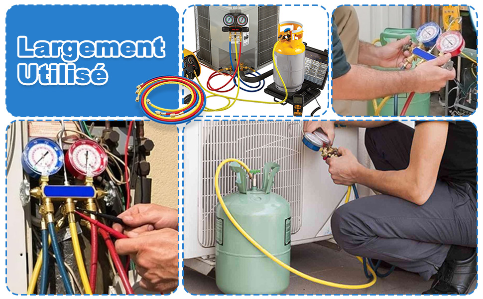 Collage des tâches des techniciens en CVC : mesurer la pression du réfrigérant, raccorder les tuyaux, manipuler les jauges et entretenir les unités de climatisation. Outils et équipements montrés en cours d'utilisation.