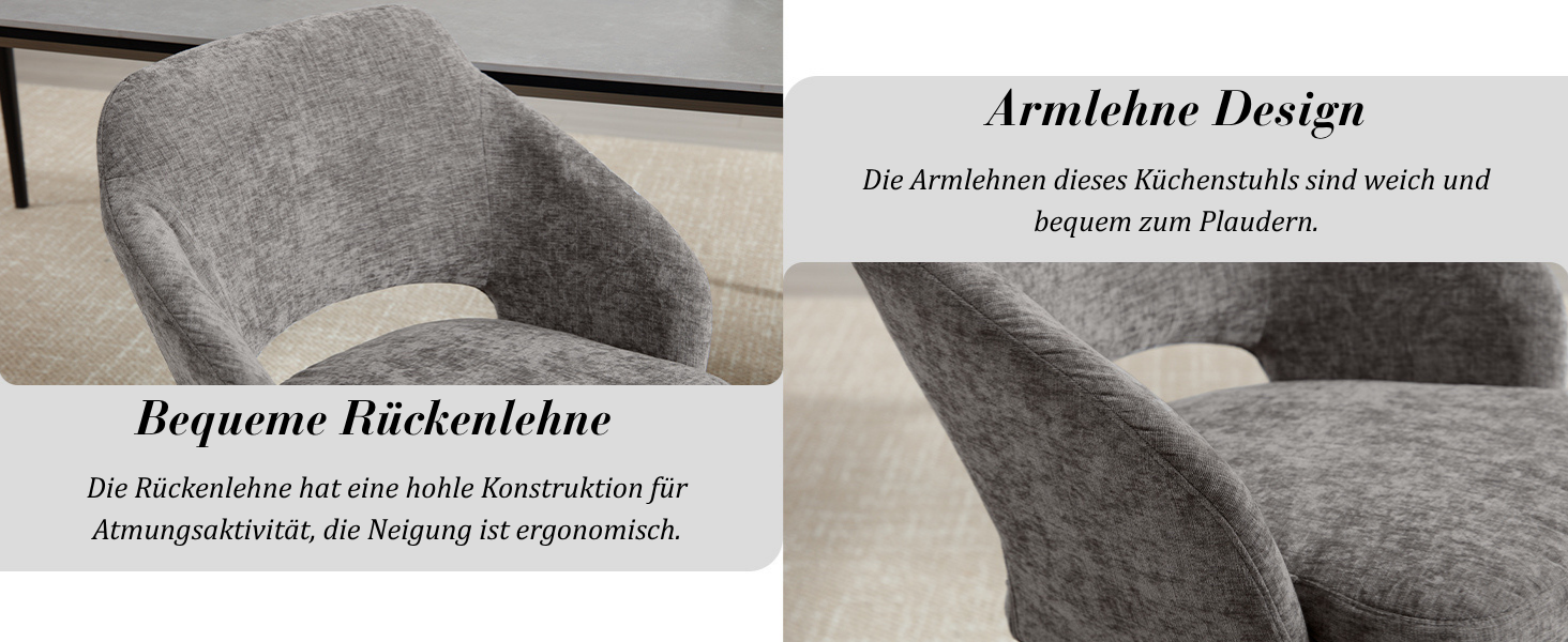 Der Text lautet „Armlehne Design“ und „Bequeme Rückenlehne“. Produktspezifikation oder Funktionsbeschreibung im minimalistischen Designstil.