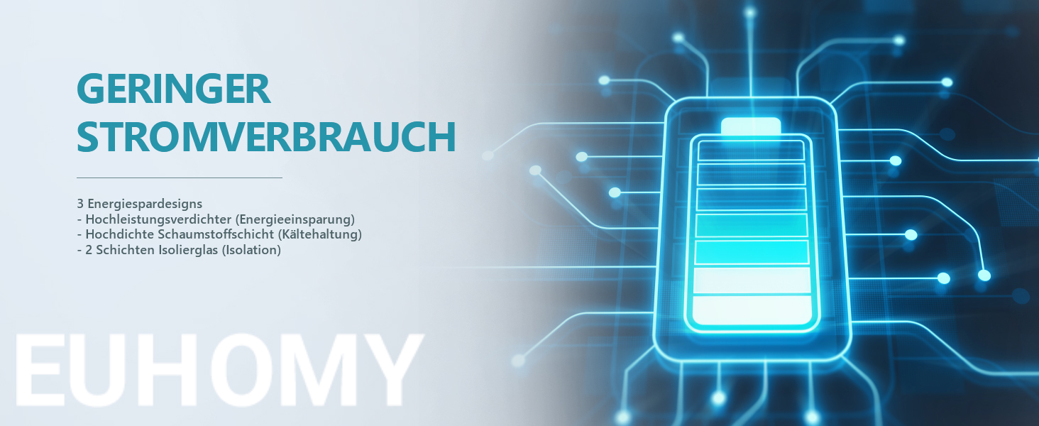 Der Text lautet „GERINGER STROMVERBRAUCH“ und „FUHOMY“. Blaue Abbildung einer Batterie im Neonstil mit Stromsymbolen, die auf das Thema Energieeffizienz hinweisen.