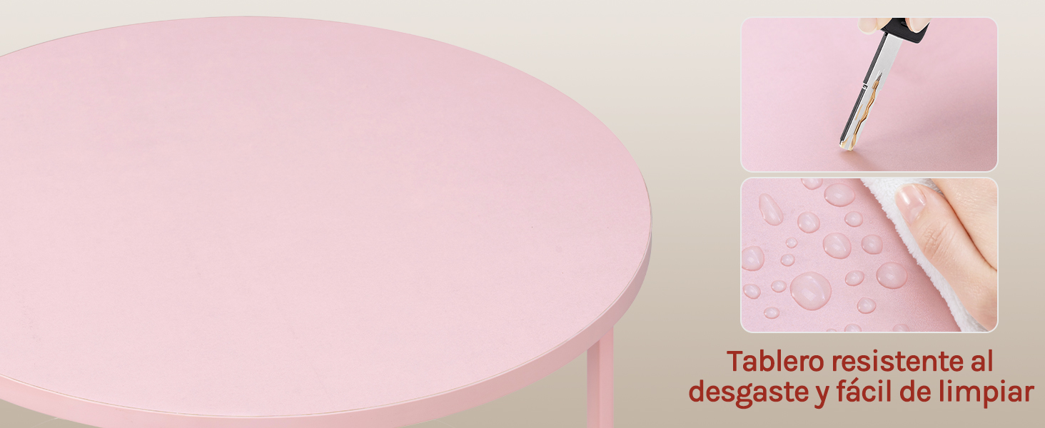 Muestra circular de superficie o material de color rosa, con vistas de detalle adicionales que se muestran en paneles más pequeños a la derecha.