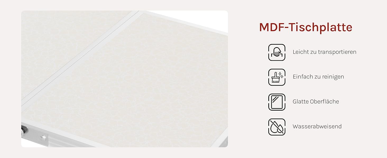 Der Text lautet „MDF-Tischplatte“. Technisches Produktdiagramm mit Maßen und Spezifikationen von scheinbar Möbelteilen.