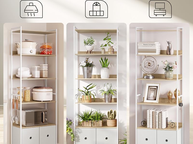 Tres estanterías de almacenamiento blancas con cajones, que muestran varios artículos para el hogar y plantas. El texto en español de arriba muestra diferentes escenarios de uso