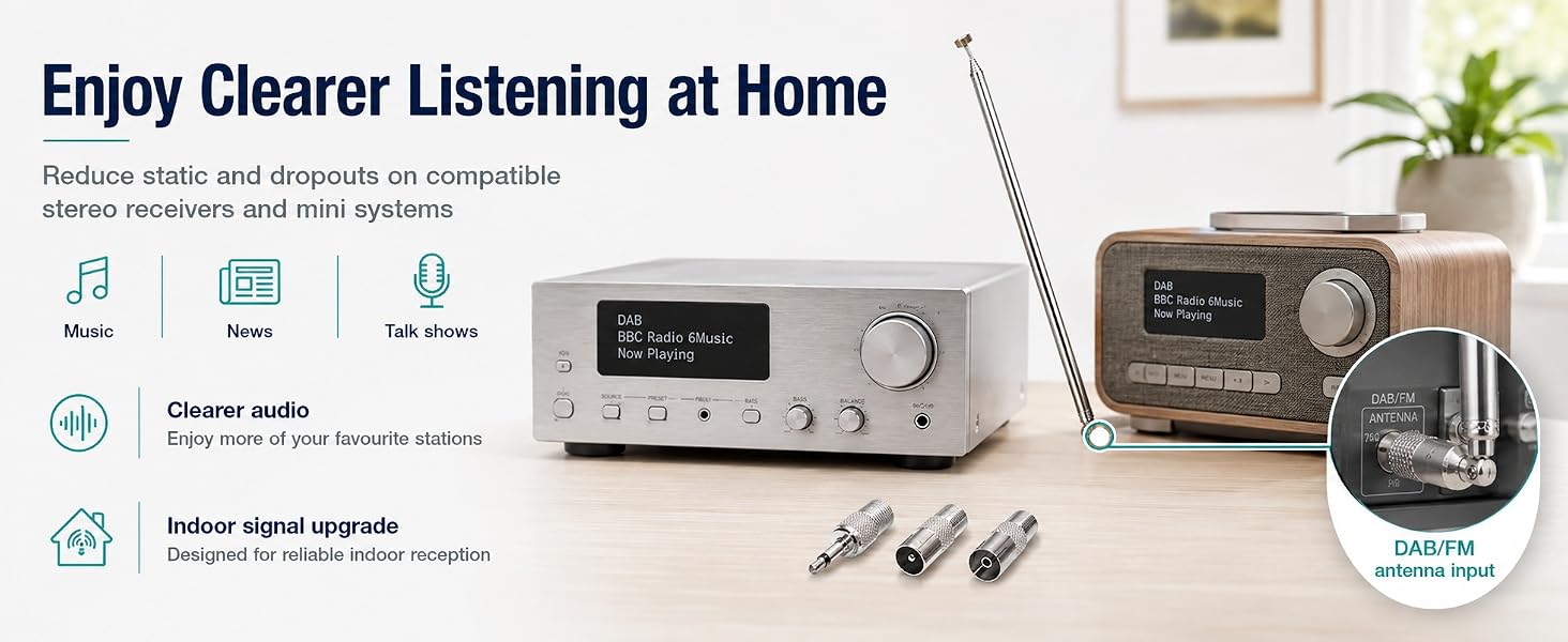 Text reads 'Enjoy Clearer Listening at Home' with feature icons for better audio, noise reduction, and connectivity. Vintage-style audio amplifier with digital display, earbuds, and wooden speaker shown on white surface with potted plant.